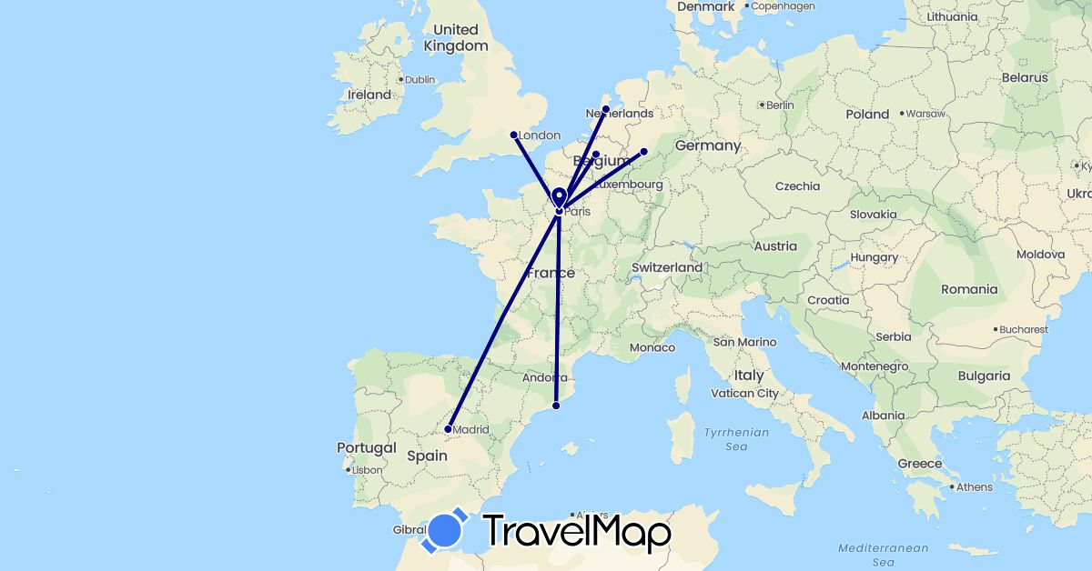 TravelMap itinerary: driving in Belgium, Germany, Spain, France, United Kingdom, Netherlands (Europe)